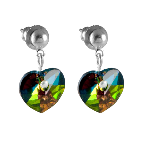 Náušnice se Swarovski Elements, visací, tvar srdce, zelenoměnivá, 793902vm