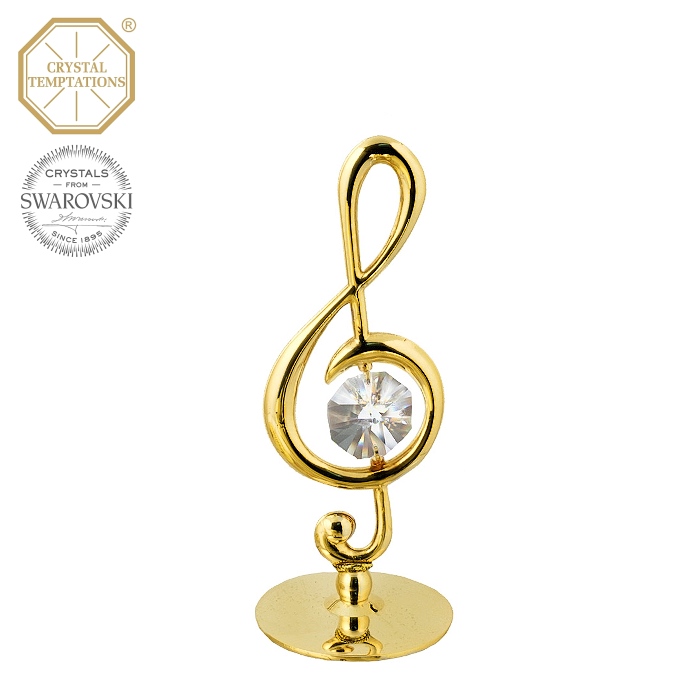 Levně Kovová pozlacená figurka Houslový klíč s bílými krystaly Swarovski Elements