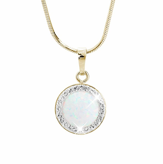 Pozlacený stříbrný náhrdelník s kulatým opálem a krystaly Swarovski Elements White