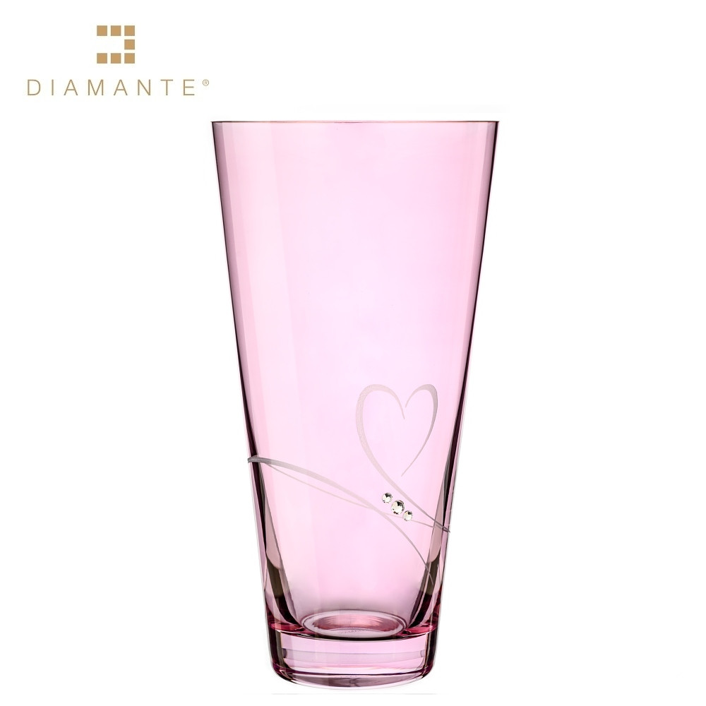 Levně Skleněná váza růžová se Swarovski Elements srdce 25 cm Romance Conical Pink