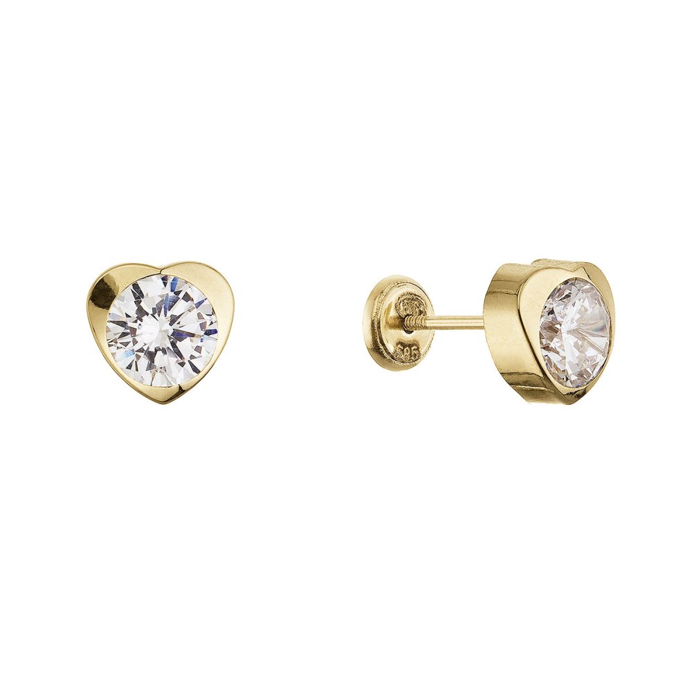 Zlaté 14 karátové náušnice srdíčka s bílým zirkonem 91Z00064