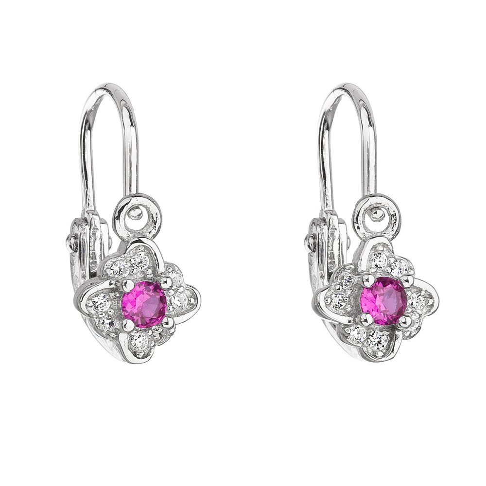 Stříbrné dětské náušnice visací se zirkonem růžová kytička 11175.3 Fuchsia