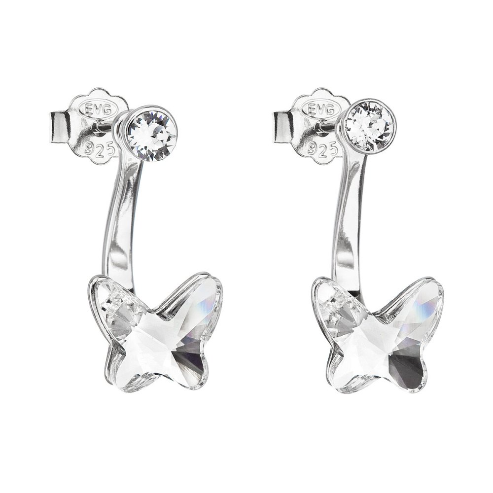 Stříbrné náušnice dvojité s krystaly Swarovski bílý motýl 31247.1 Krystal