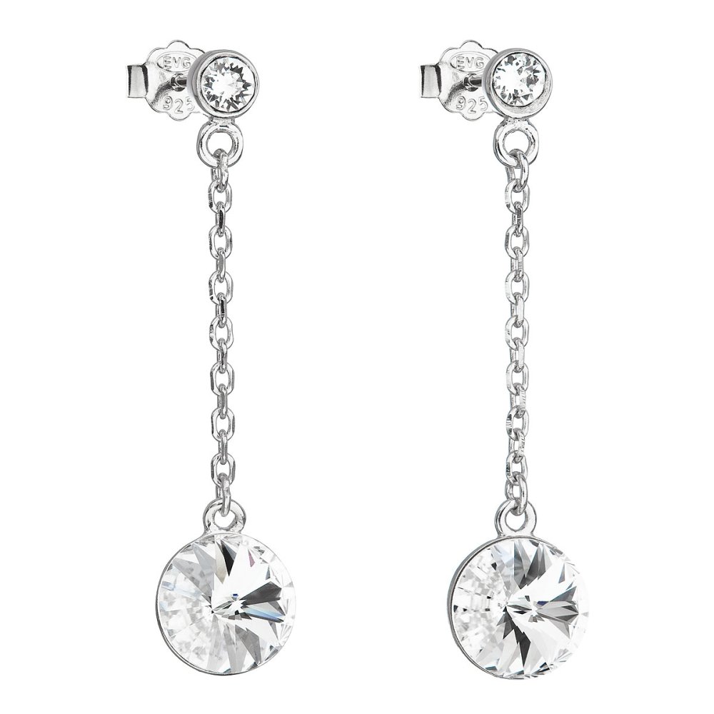 Stříbrné náušnice visací s krystaly Swarovski bílé kulaté 31270.1 Krystal