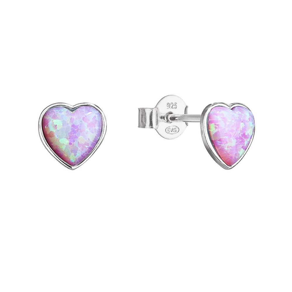 Stříbrné náušnice pecky se syntetickým opálem růžové srdce 11337.3 Pink s. Opal