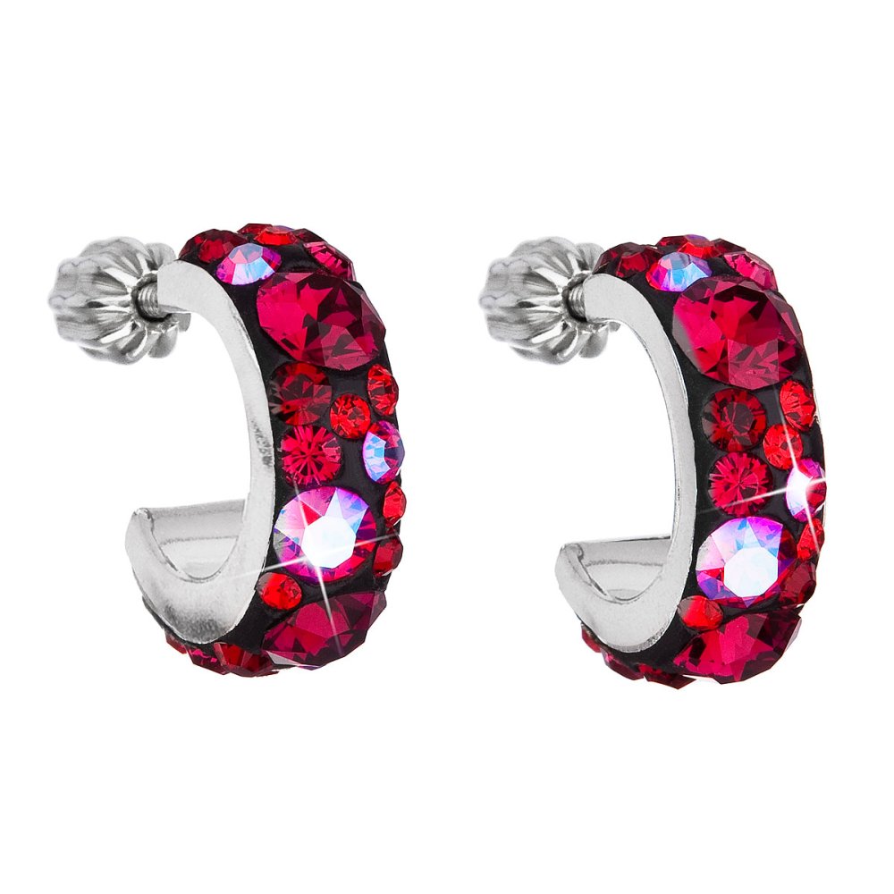 Stříbrné náušnice kruhy s krystaly Swarovski červený půlkruh 31118.3 Cherry