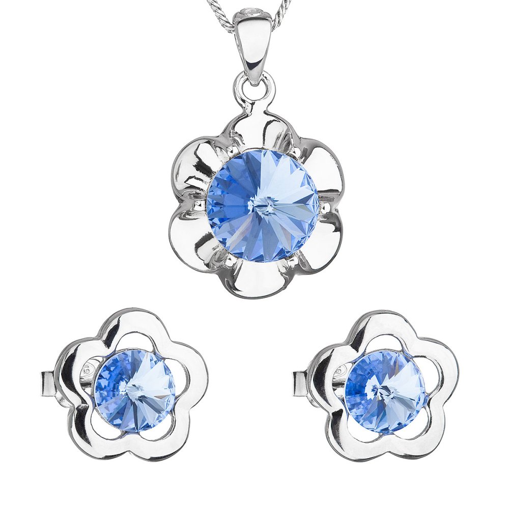 Levně Sada šperků s krystaly Swarovski náušnice, řetízek a přívěsek modrá kytička 39173.3 Light Sapphire