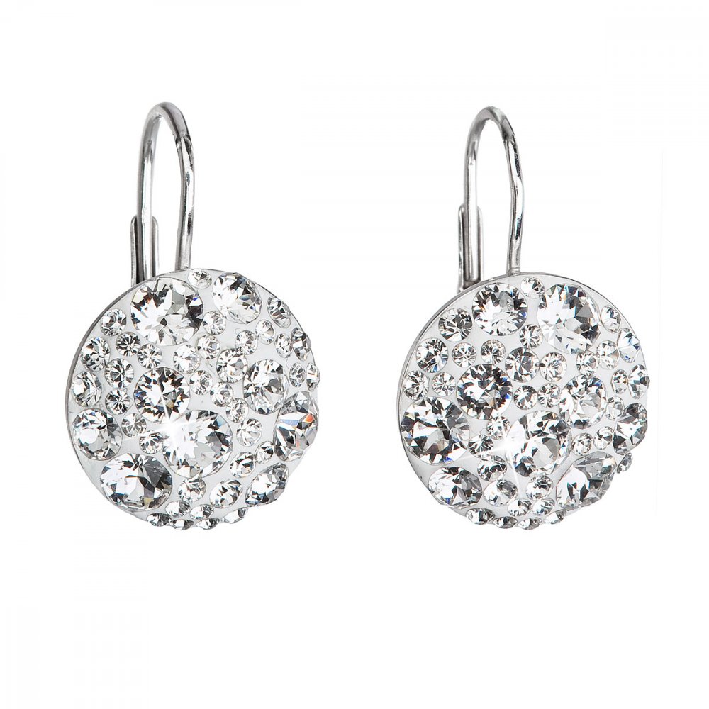 Stříbrné náušnice visací s krystaly Swarovski bílé kulaté 31176.1 Krystal