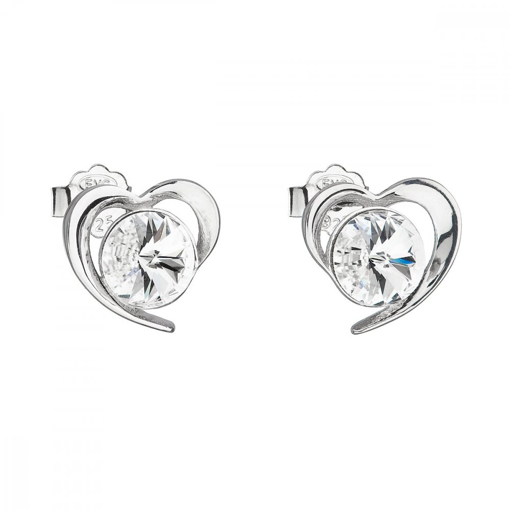 Stříbrné náušnice pecka s krystaly Swarovski bílé srdce 31259.1 Krystal