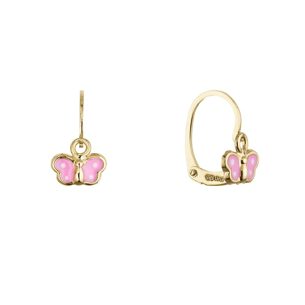 Zlaté 14 karátové dětské náušnice růžový motýlek 91A00071