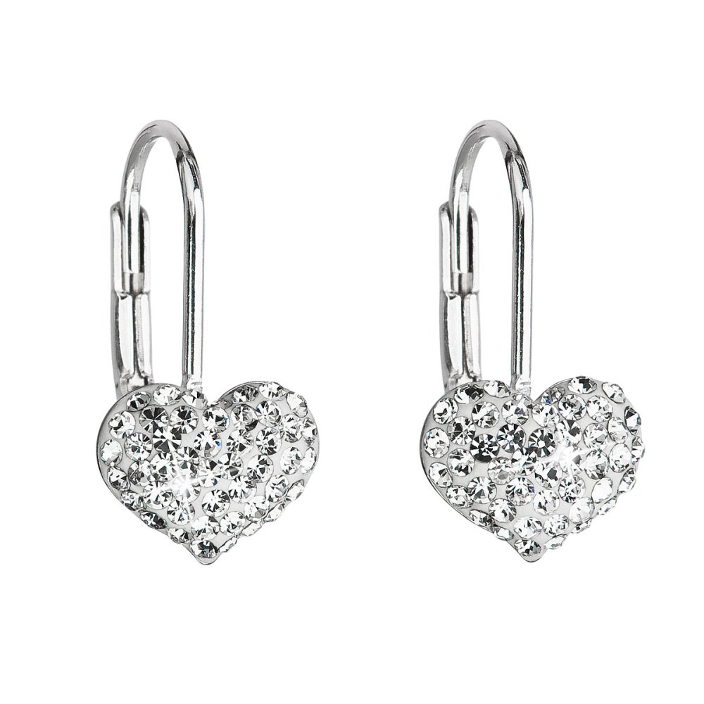 Levně Stříbrné náušnice visací s krystaly Swarovski bílé srdce 31125.1 Krystal