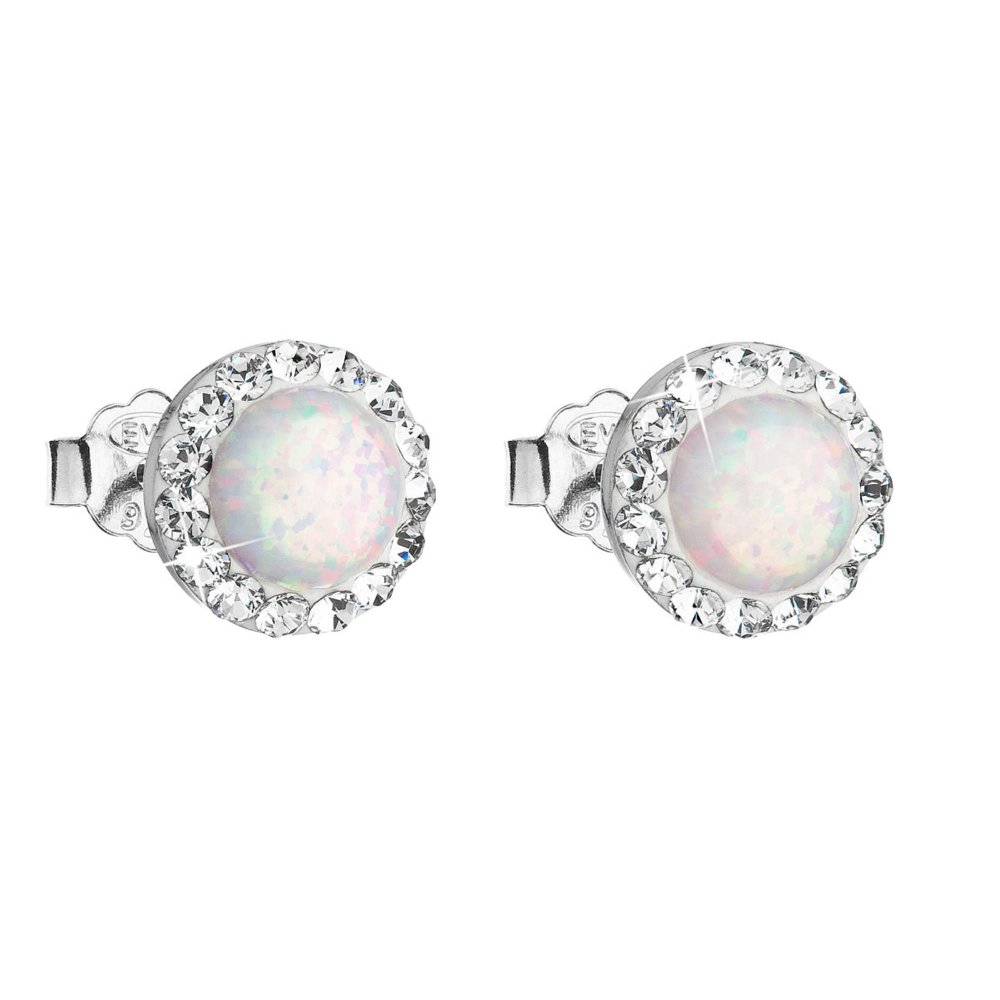 Stříbrné náušnice pecky se syntetickým opálem a křišťály Preciosa bílé kulaté 31217.1 White s. Opal