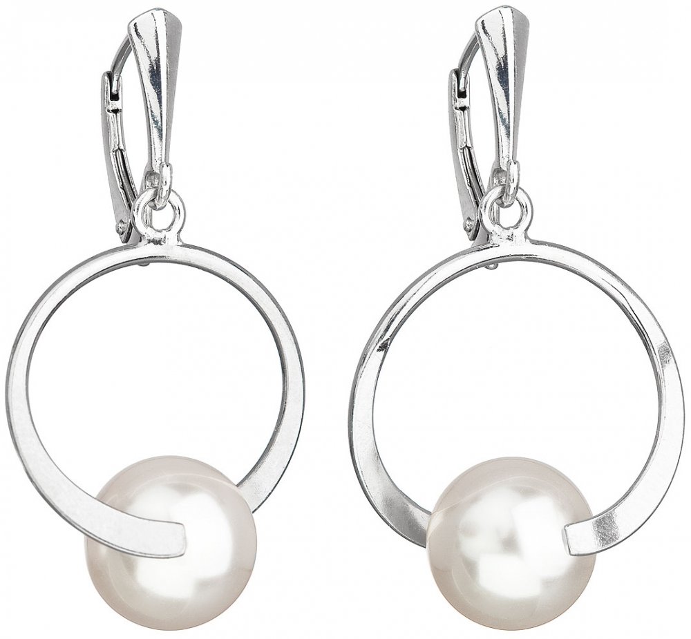 Stříbrné náušnice visací s perlou Swarovski bílé kulaté 31223.1 Bílá