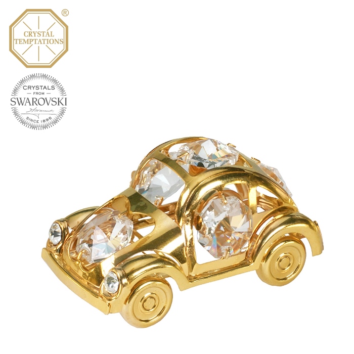 Levně Kovová pozlacená figurka auto Brouk s bílými krystaly Swarovski Elements