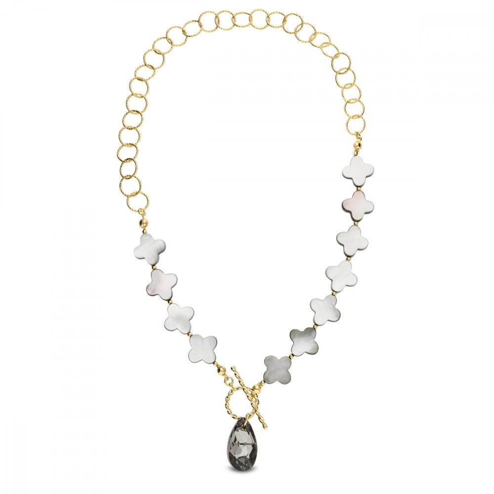 Stříbrný pozlacený náhrdelník šedý Clover NG6106SN1MPB Silver Night