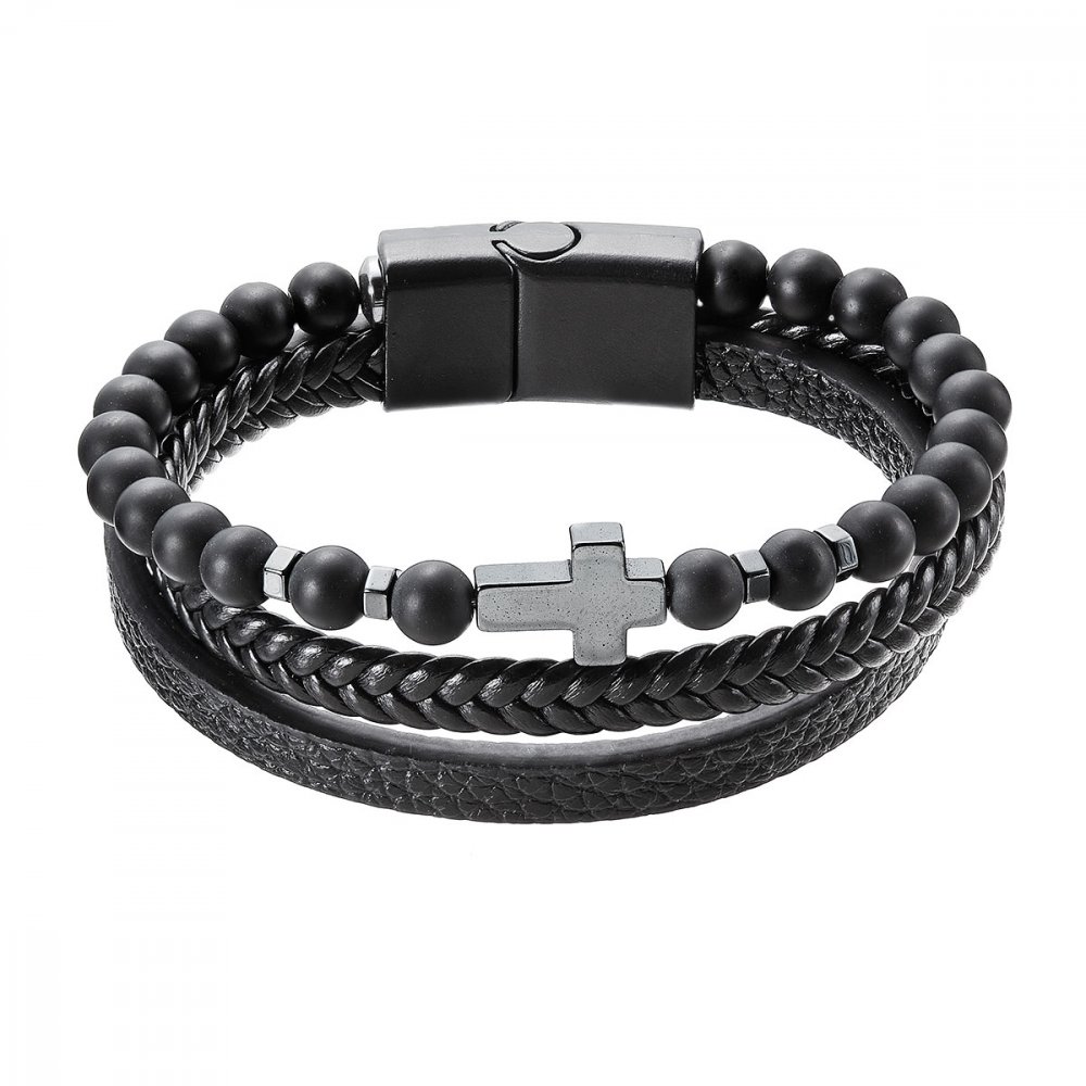 Náramek pánský koženka a korálky s křížkem 43044.3 černý 21 cm