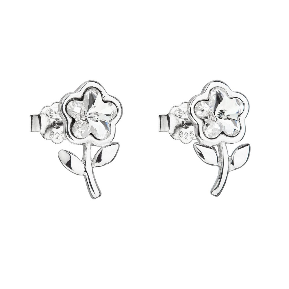 Stříbrné náušnice pecka s krystaly Swarovski bílá kytička 31256.1 Krystal