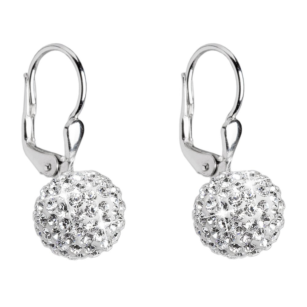 Stříbrné náušnice visací s krystaly Swarovski bílé kuličky 31110.1 Krystal
