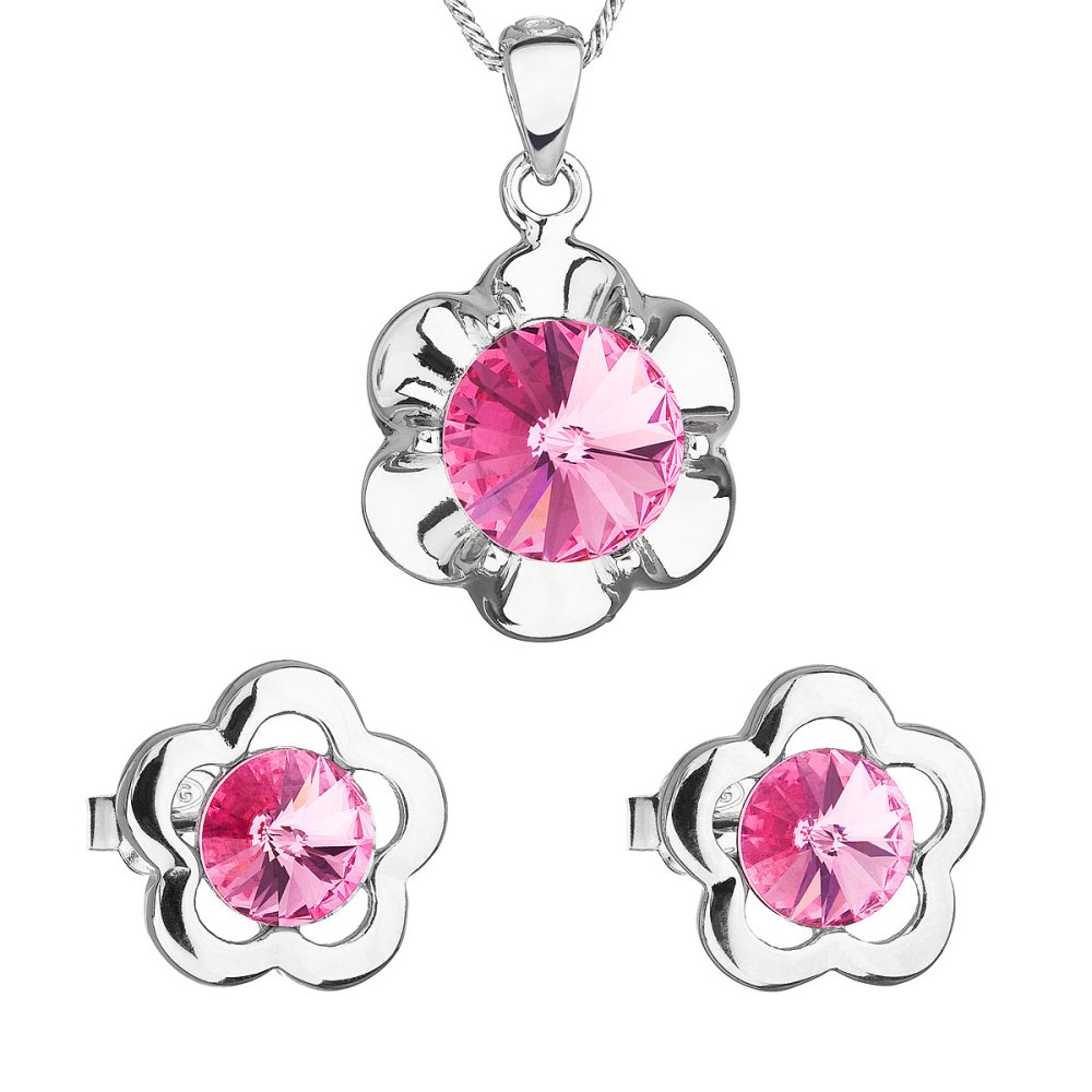 Levně Sada šperků s krystaly Swarovski náušnice, řetízek a přívěsek růžová kytička 39173.3 Rose