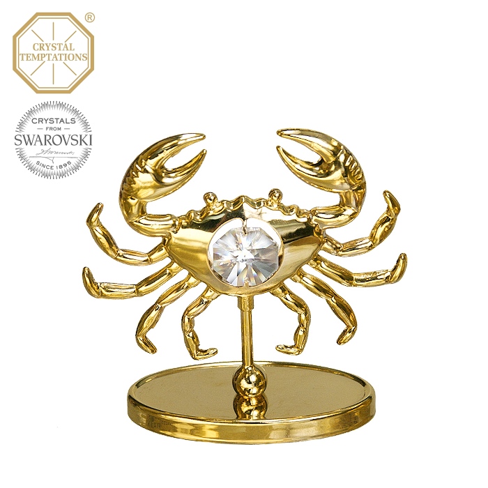Levně Kovová pozlacená figurka Rak s bílými krystaly Swarovski Elements