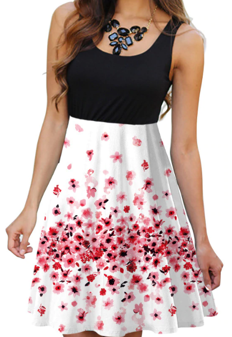 Dámské letní černobílé šaty s růžovými květy M, L