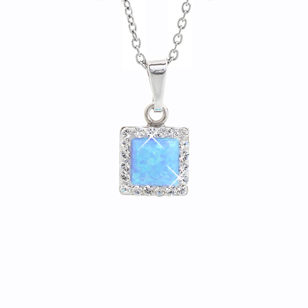 Stříbrný náhrdelník se světle modrým opálem a krystaly Swarovski Elements čtverec Blue Opal