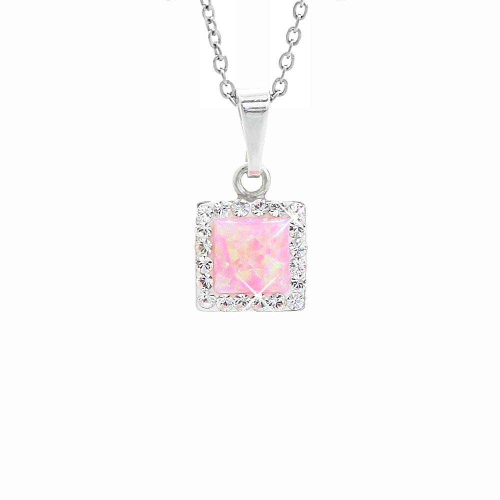 Stříbrný náhrdelník s růžovým opálem a krystaly Swarovski Elements čtverec Rose Opal