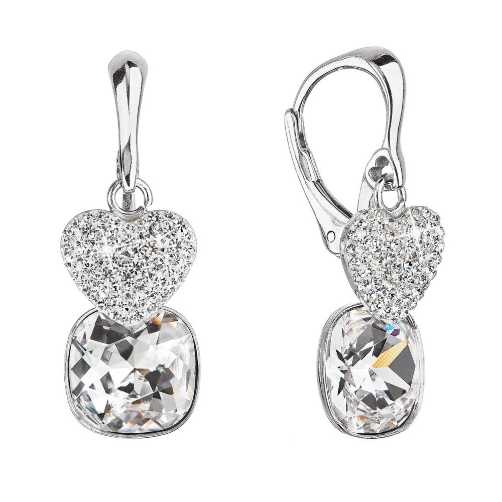 Stříbrné náušnice visací s křišťály Preciosa bílé srdce 31234.1 Krystal