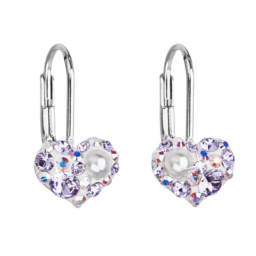 Stříbrné náušnice visací s krystaly Swarovski fialové srdce 31125.9 Violet Opal