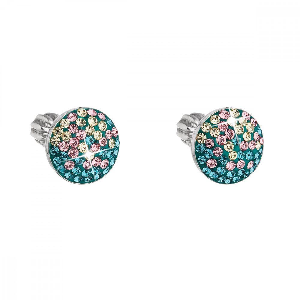 Stříbrné náušnice pecka s krystaly Swarovski mix barev kulaté 31336.3 Magic Indicolite