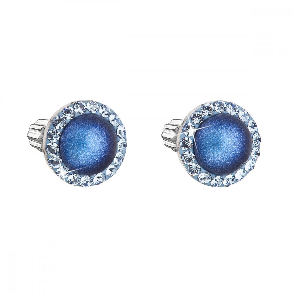 Stříbrné náušnice pecka s krystaly Swarovski a tmavě modrou matnou perlou kulaté 31314.3 Dark Blue