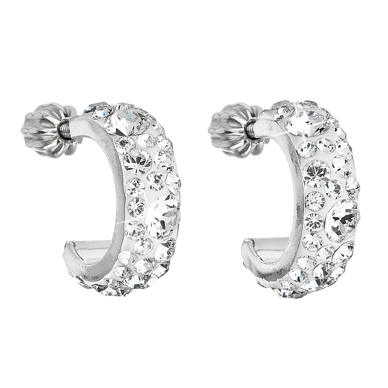 Stříbrné náušnice kruhy s krystaly Swarovski bílé půlkruh 31118.1 Krystal