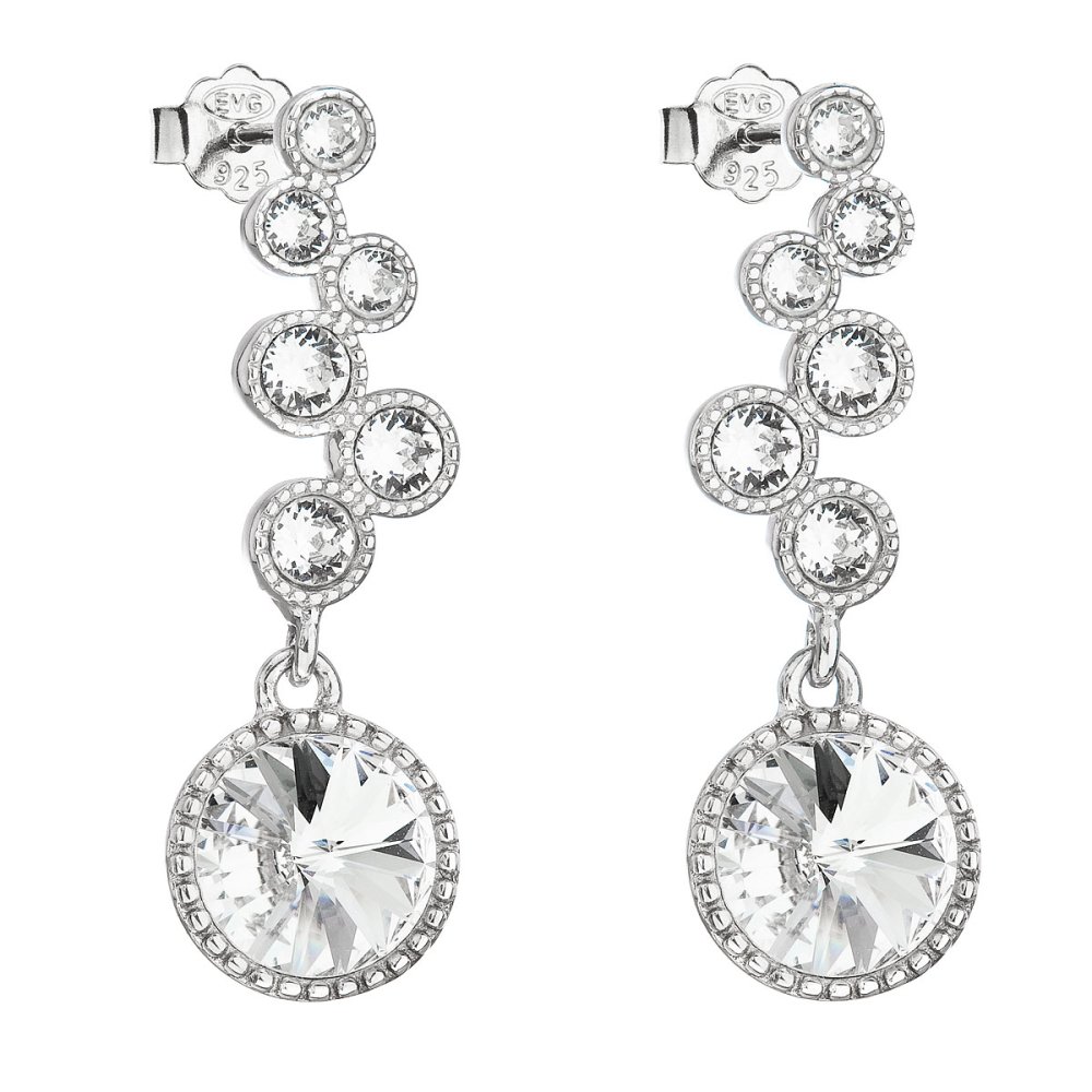 Levně Stříbrné náušnice visací s krystaly Swarovski bílé kulaté 31265.1 Krystal