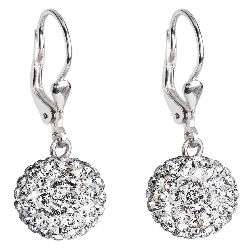 Stříbrné náušnice visací s krystaly Swarovski bílé kulaté 31109.1 Krystal