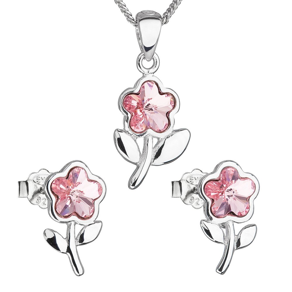 Levně Sada šperků s krystaly Swarovski náušnice, řetízek a přívěsek růžová kytička 39172.3 Light Rose
