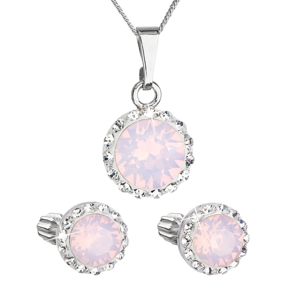 Levně Sada šperků s krystaly Swarovski náušnice, řetízek a přívěsek růžové opálové kulaté 39352.7