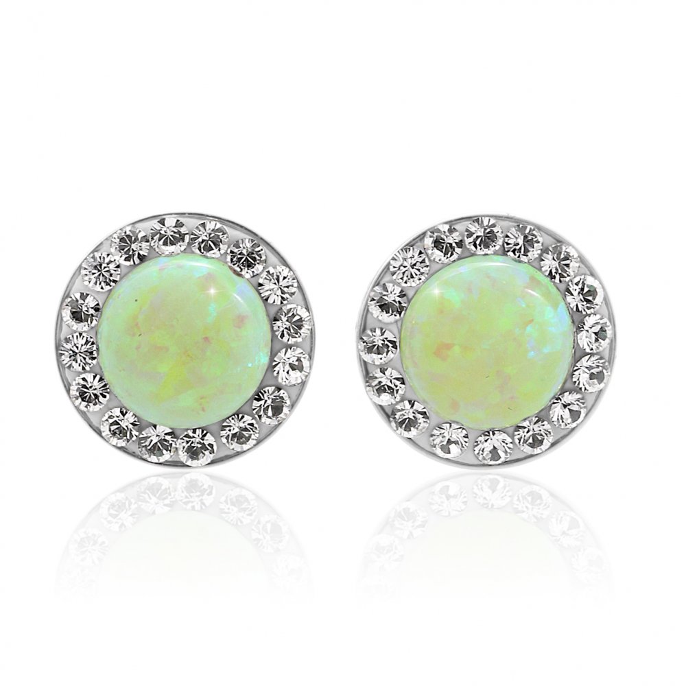Stříbrné náušnice pecky se světle zeleným opálem a krystaly Swarovski Elements Chrysolite Opal