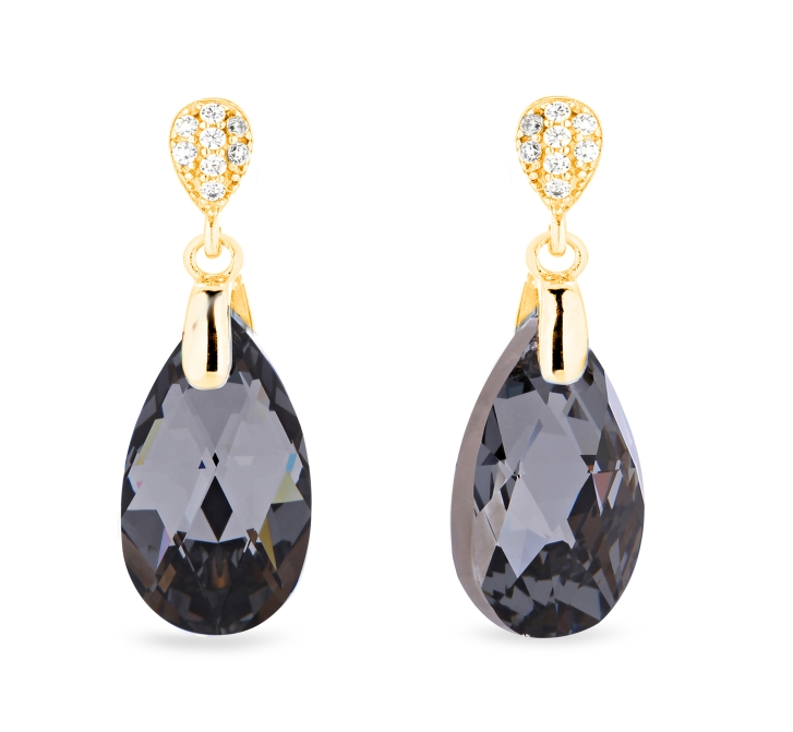 Levně Stříbrné pozlacené náušnice s krystaly Swarovski Elements šedá kapka Dainty Drop KWG610616SN Silver Night
