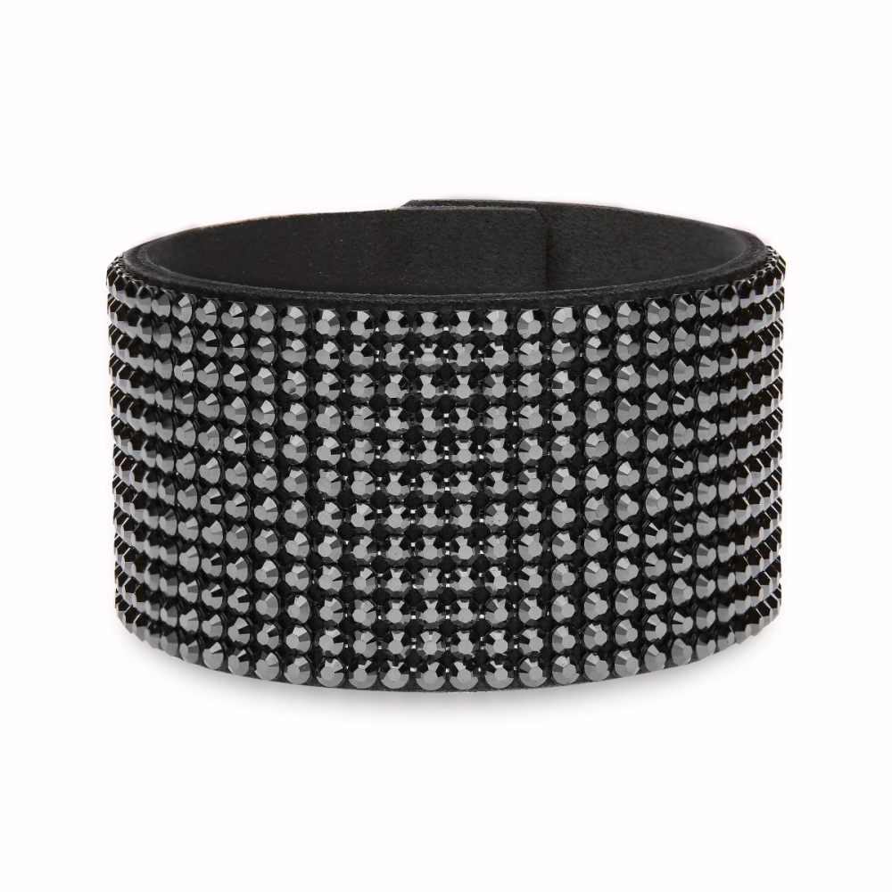 Swarovski Elements Kožený náramek Chic Large s stříbročernými křišťály