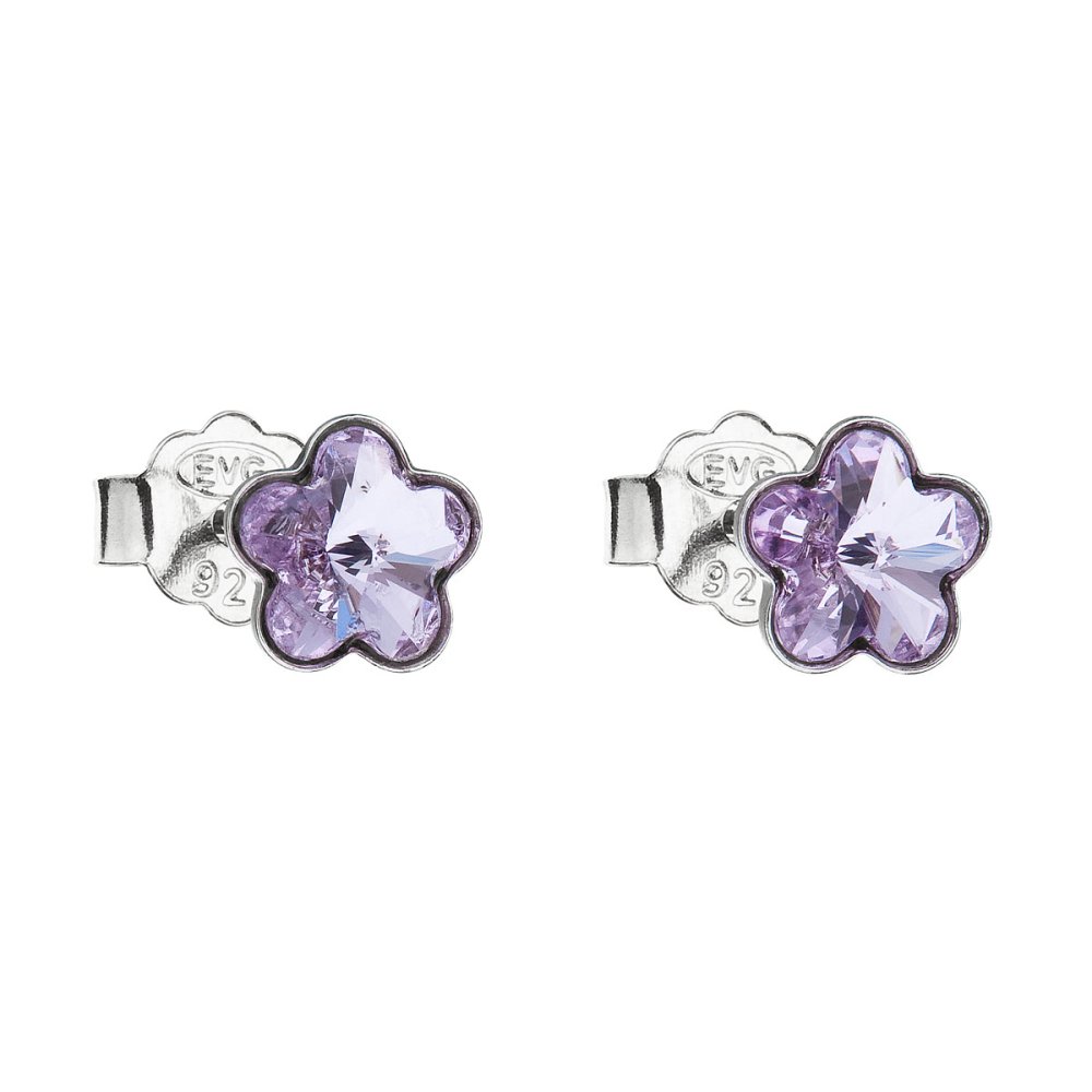 Levně Stříbrné náušnice pecka s krystaly Swarovski fialová kytička 31080.3 Violet