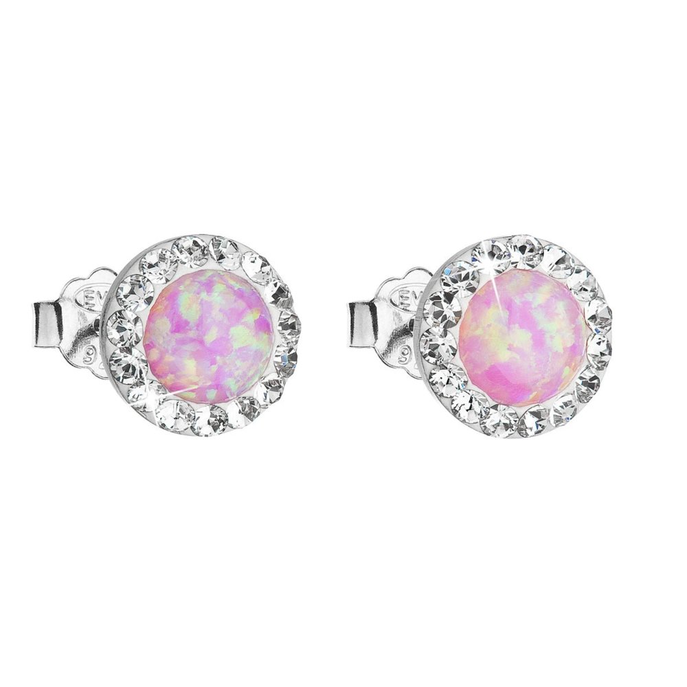 Levně Stříbrné růžové náušnice pecky se syntetickým opálem a křišťály Preciosa kulaté 31217.1 Pink s. Opal