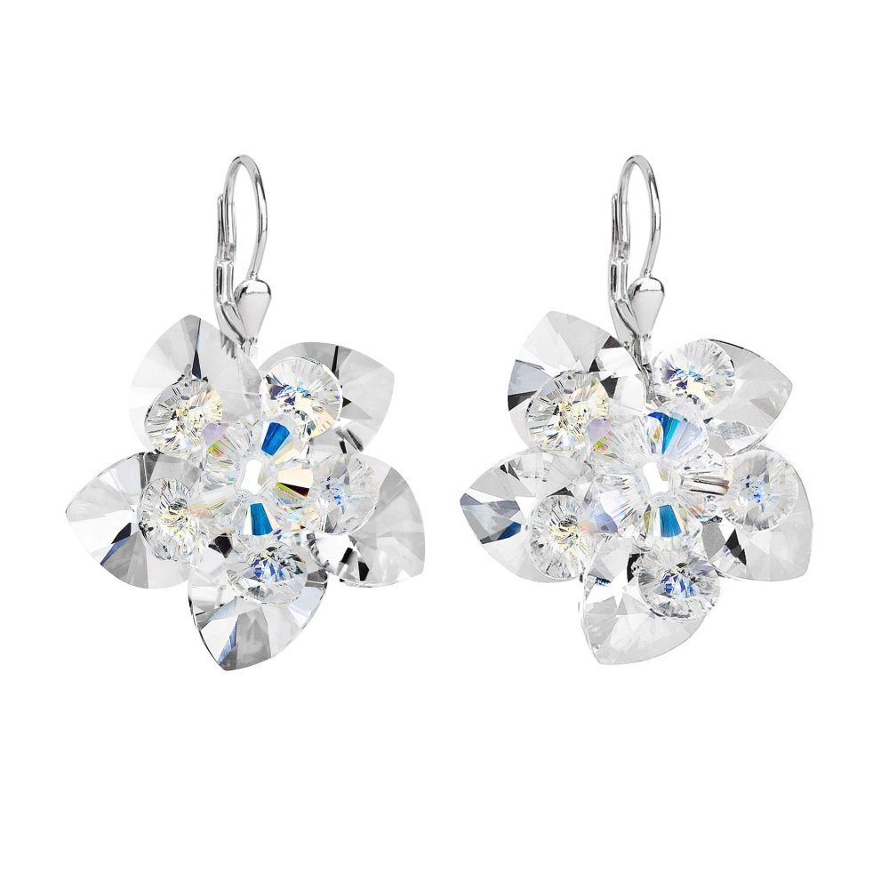 Stříbrné náušnice visací s krystaly Swarovski bílá kytička 31130.1 Krystal