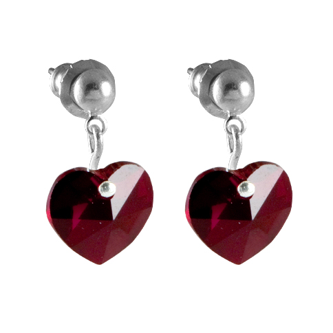 Náušnice se Swarovski Elements, visací, tvar srdce, červené/siam