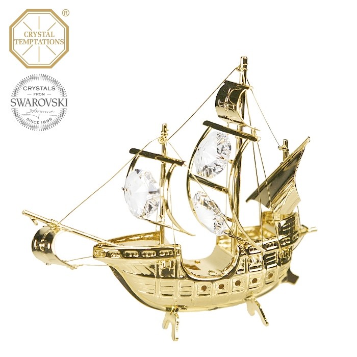 Levně Kovová pozlacená figurka Loď Santa Maria s bílými krystaly Swarovski Elements
