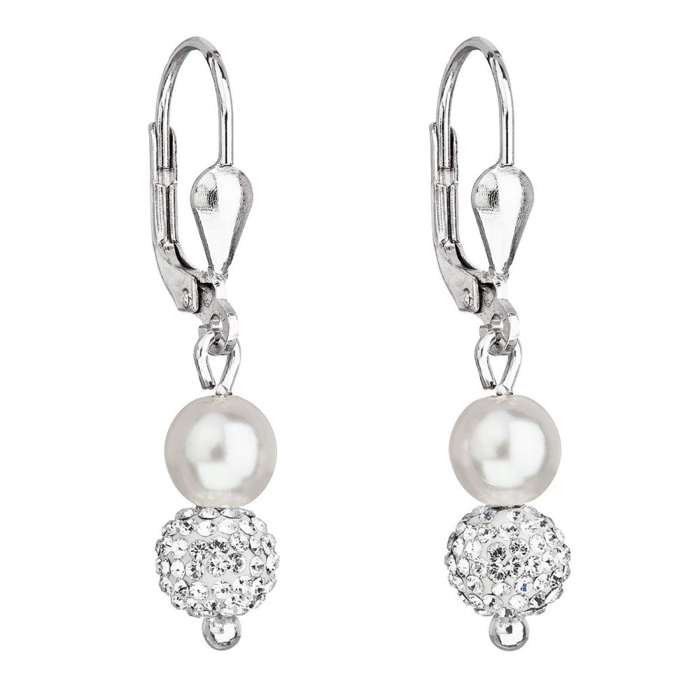 Stříbrné náušnice visací s křišťály Preciosa bílé kulaté 31244.1 Bílá