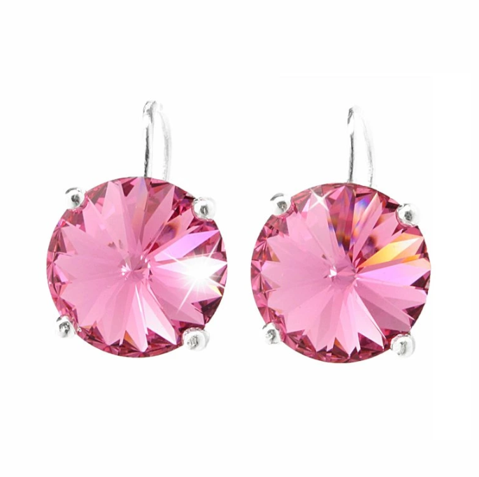 Stříbrné náušnice růžové se Swarovski Elements visací Rose 12mm