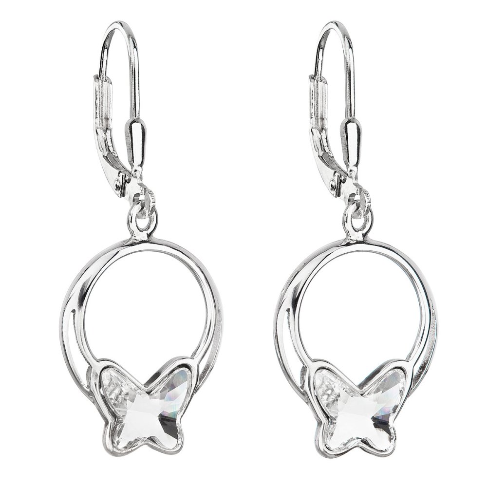 Stříbrné náušnice visací s krystaly Swarovski bílý motýl 31248.1 Krystal