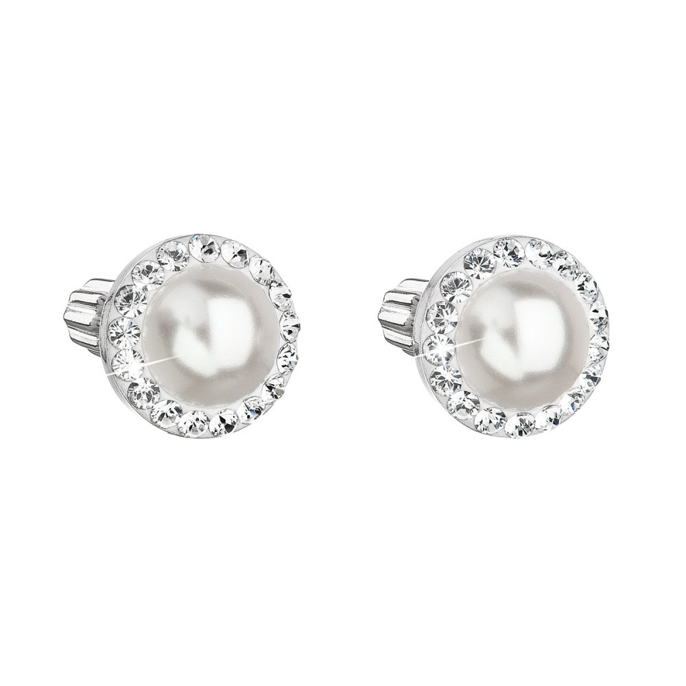 Levně Stříbrné náušnice pecka s krystaly Swarovski a bílou perlou kulaté 31314.1 White
