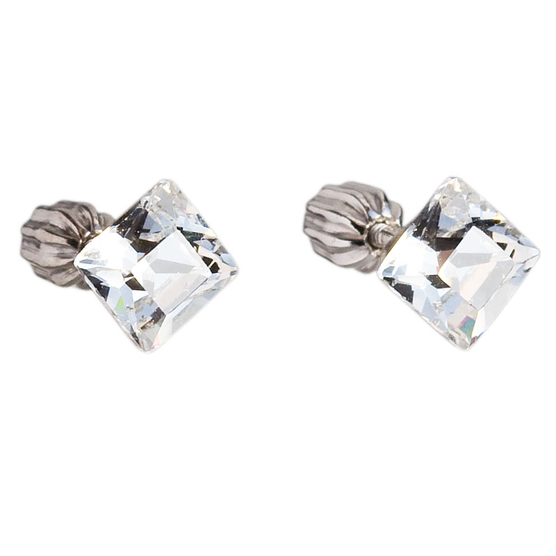 Levně Stříbrné náušnice pecka s krystaly Swarovski bílý čtverec 31065.1 Krystal