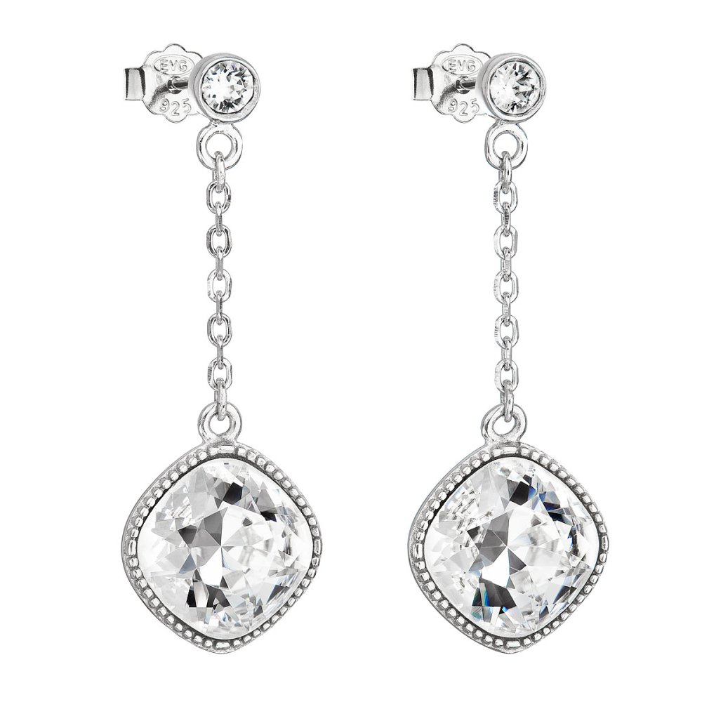 Stříbrné náušnice visací s krystaly Swarovski bílý kosočtverec 31271.1 Krystal